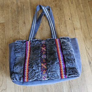 America & Beyond Frost Gray Faux Fur Embroidered Extra Large Tote